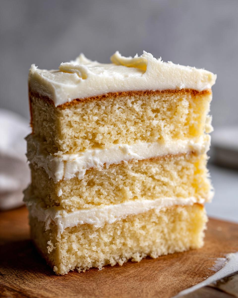 Close-up of a tall slice from a vanilla cake recipe showing three light, fluffy layers separated by thick white buttercream frosting.