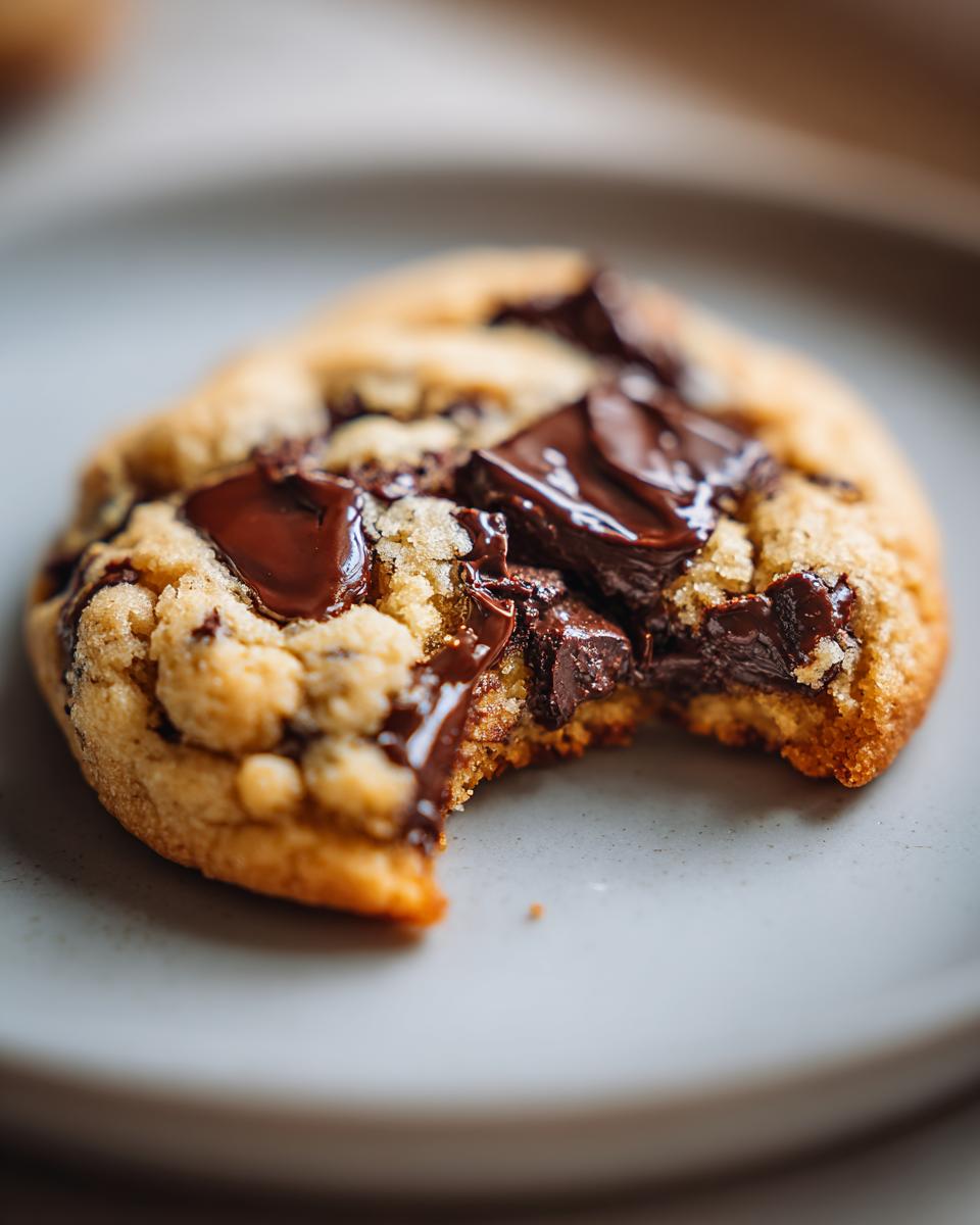Close-up of a soft vegan chocolate chip cookies with a bite taken out, showing gooey melted chocolate chunks.