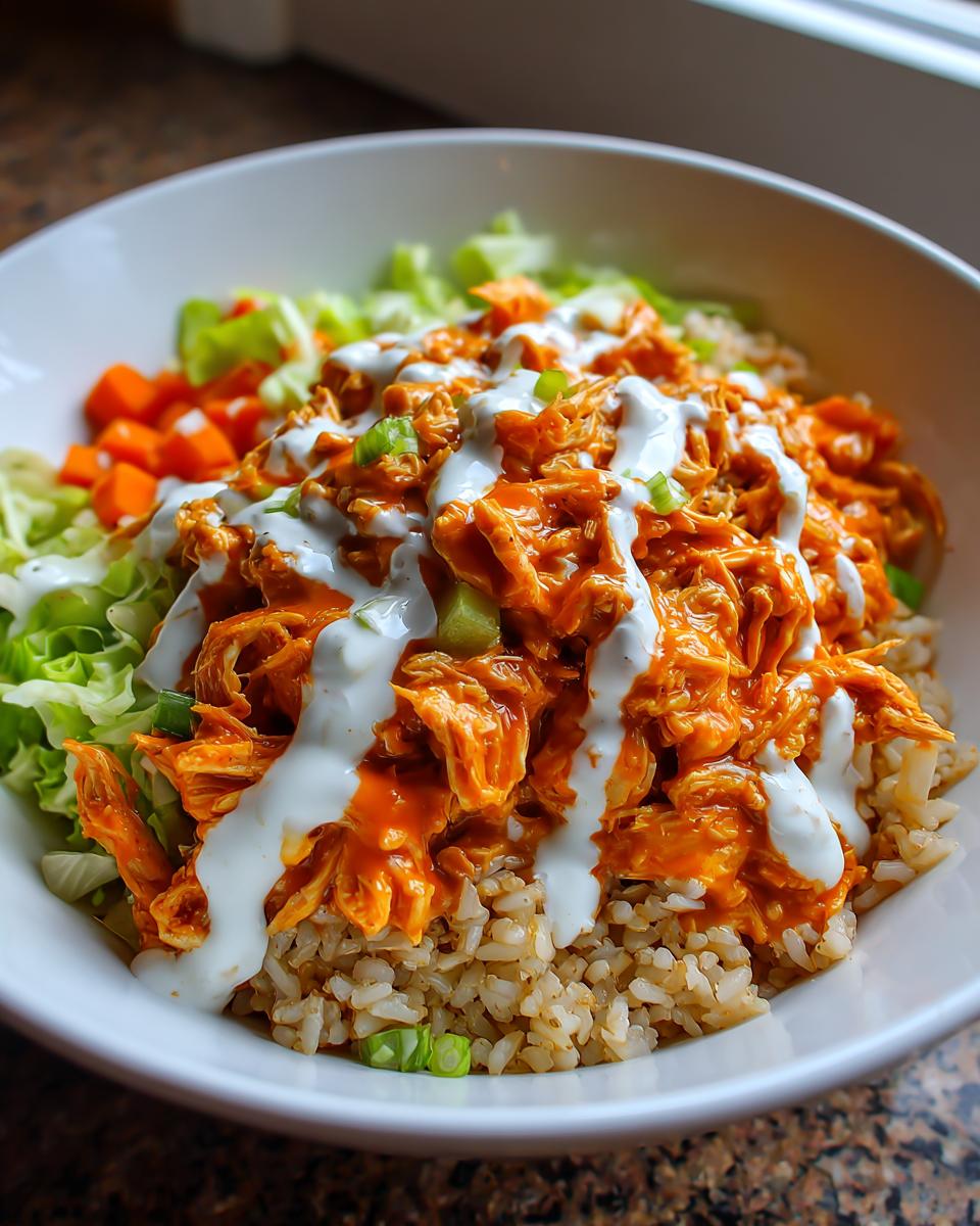 Close-up of a vibrant buffalo chicken bowl featuring shredded orange chicken, brown rice, lettuce, carrots, and a generous ranch dressing drizzle.