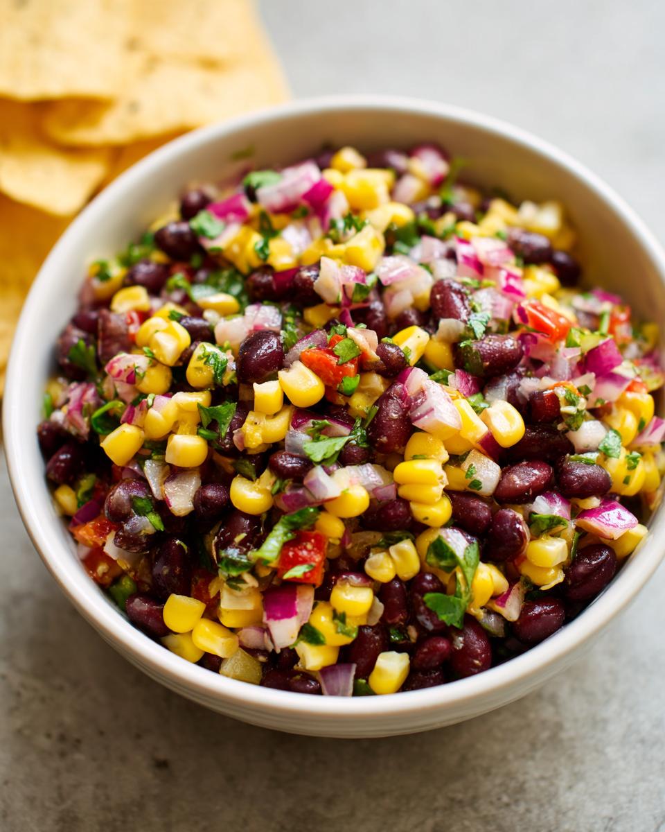 Close-up of a white bowl filled with colorful cowboy caviar made of black beans, corn, and red onion, with chips visible in the background.