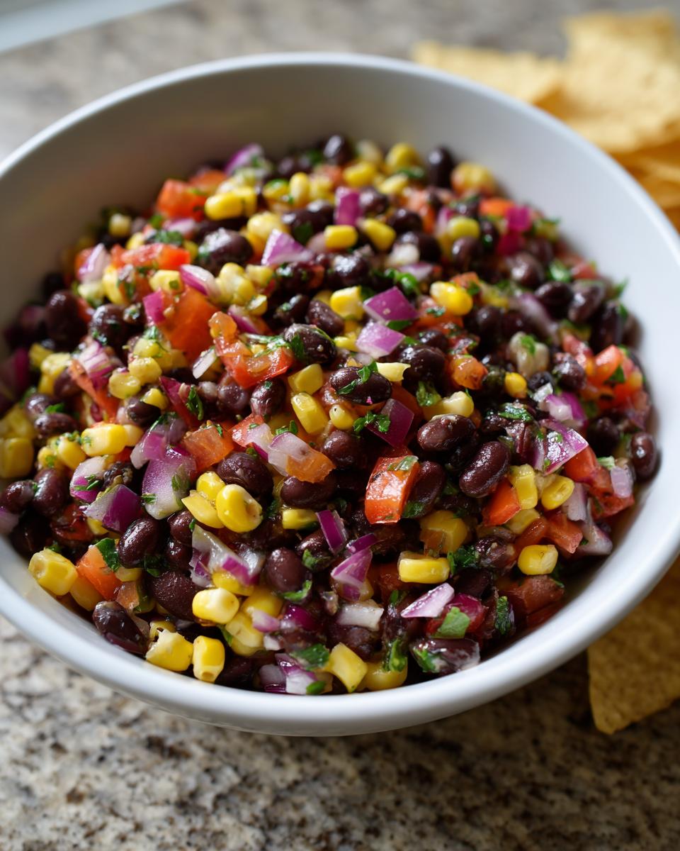 Close-up of colorful cowboy caviar featuring black beans, corn, red onion, and tomatoes in a white bowl.