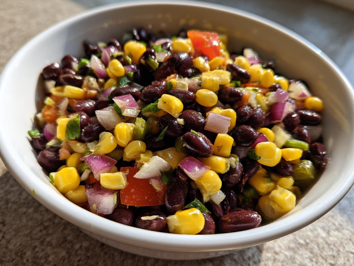 Close-up of a white bowl filled with colorful cowboy caviar, featuring black beans, yellow corn, red onion, and diced tomatoes.
