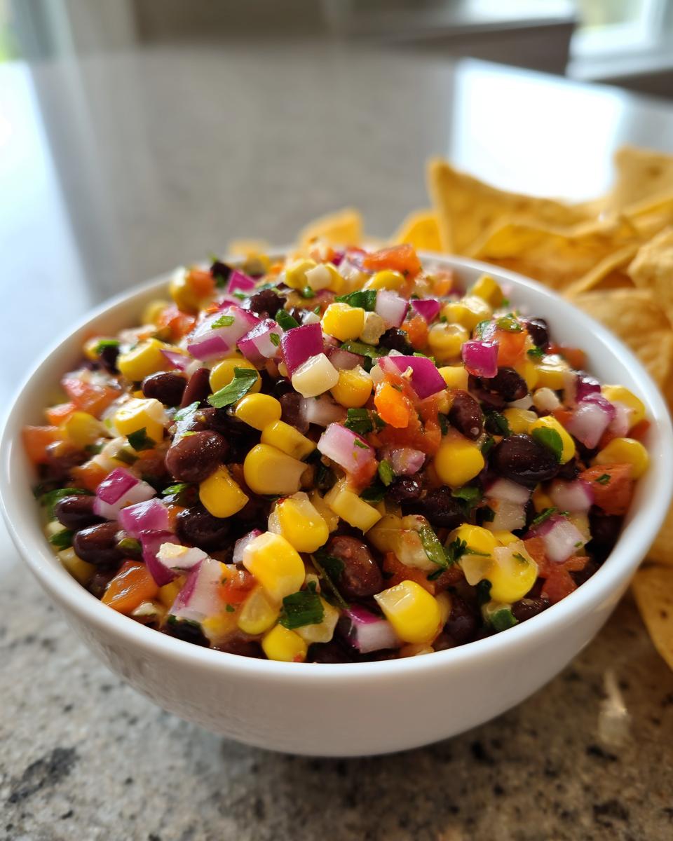 Close-up of vibrant cowboy caviar dip featuring corn, black beans, and red onion, served with tortilla chips.