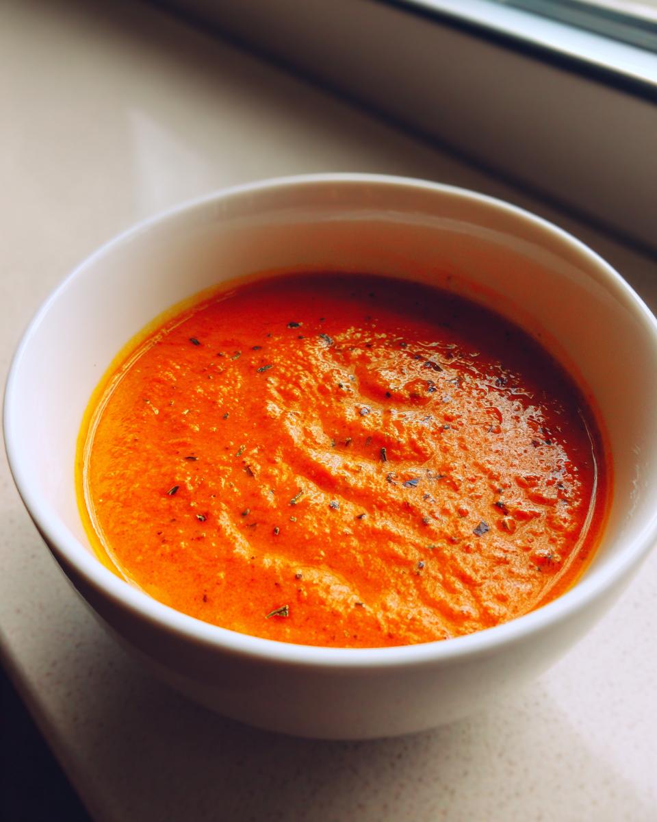 Close-up of a bowl of vibrant, thick roasted tomato soup, garnished with dark herbs.