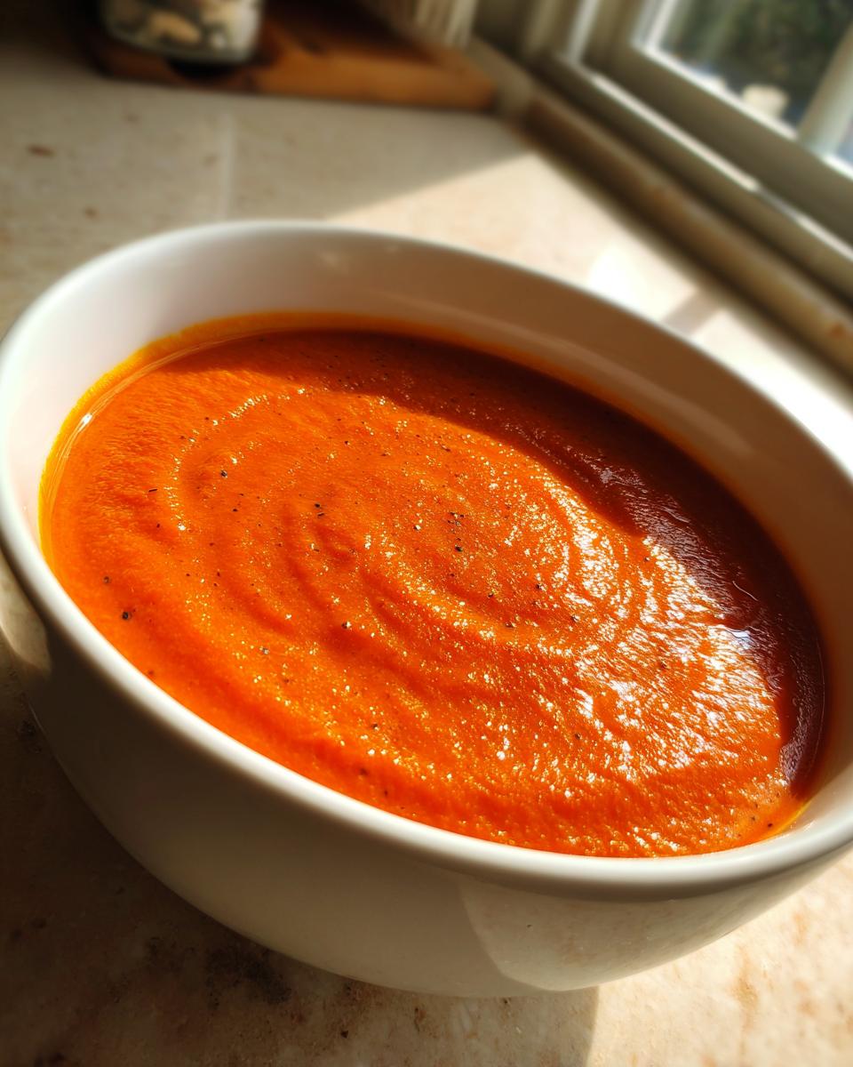 Close-up of a creamy, vibrant orange bowl of roasted tomato soup, seasoned with black pepper.