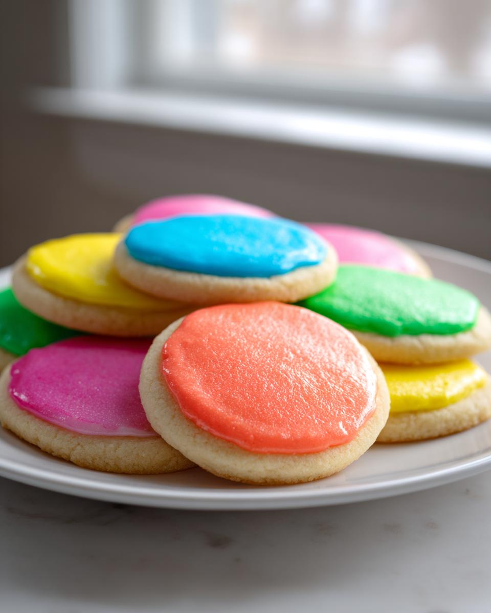 A stack of round sugar cookies topped with vibrant, hardened sugar cookie icing in orange, pink, yellow, and blue.