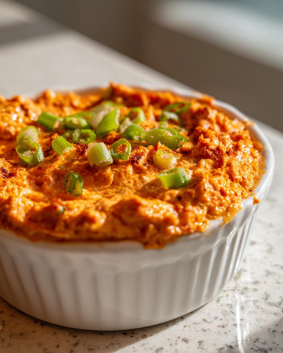 Close-up of warm chili cheese dip in a white ramekin, topped with fresh sliced green onions.