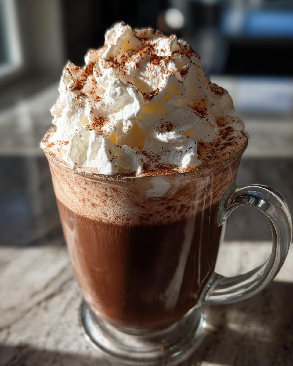 A glass mug filled with rich, dark whipped hot chocolate topped high with fluffy whipped cream and a dusting of cocoa.
