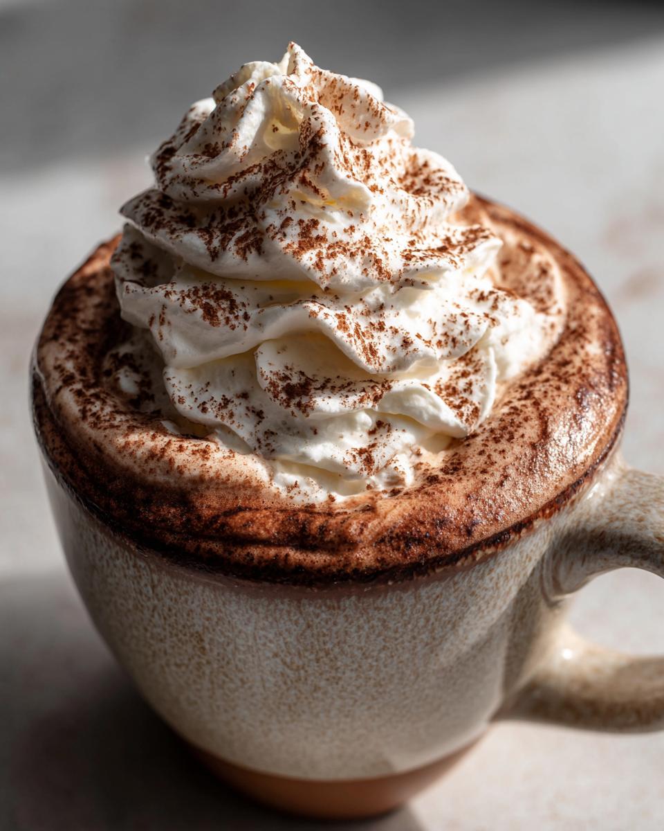 Close-up of a mug filled with rich whipped hot chocolate topped with a swirl of cream and cocoa powder.
