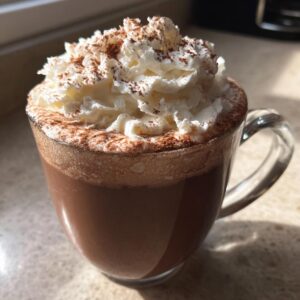 A clear glass mug filled with rich, dark hot chocolate topped generously with fluffy whipped cream and cocoa powder, showcasing the whipped hot chocolate.