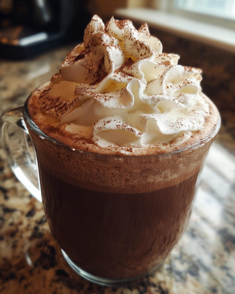 Close-up of rich whipped hot chocolate topped with a swirl of whipped cream and cocoa powder.
