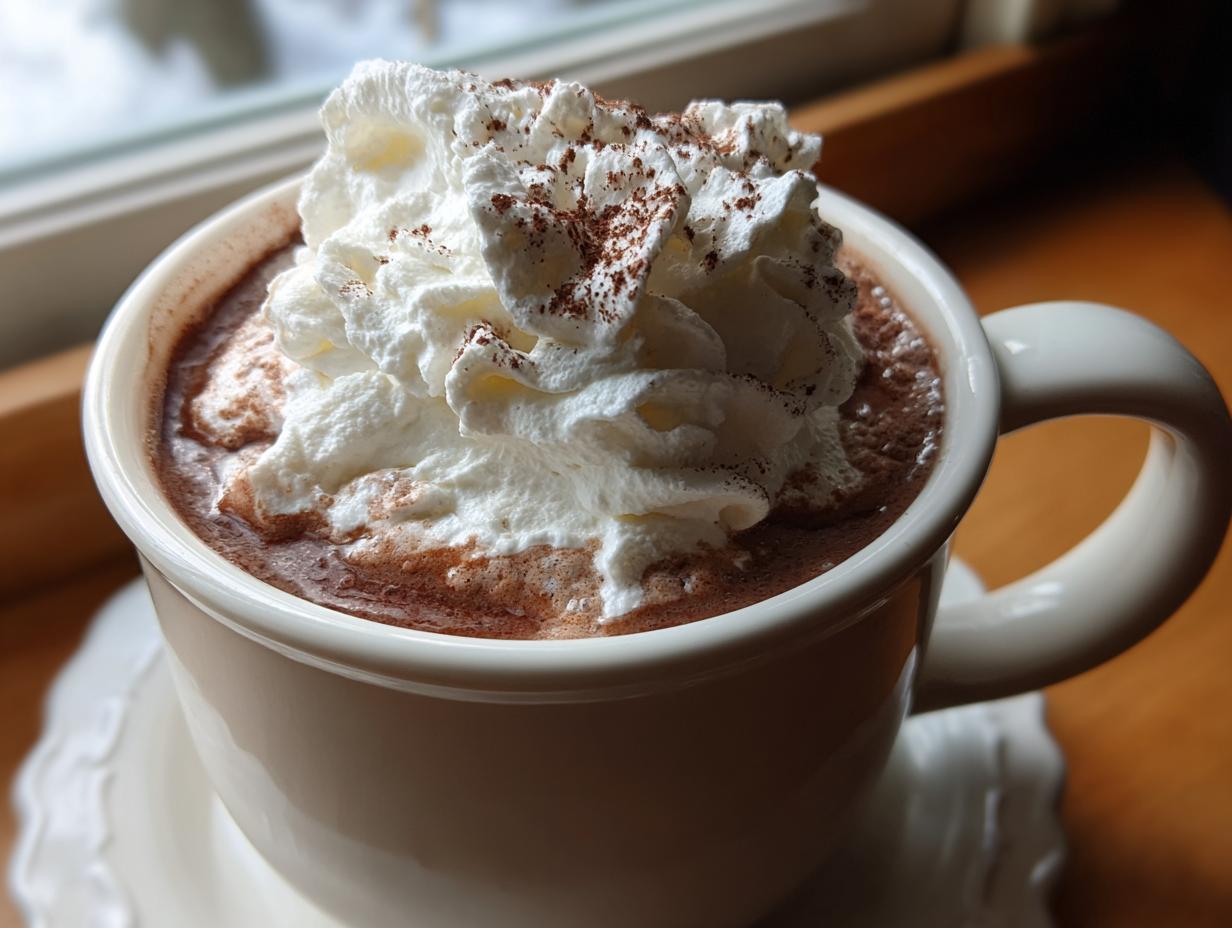 Close-up of a mug filled with rich whipped hot chocolate topped high with whipped cream and cocoa powder.