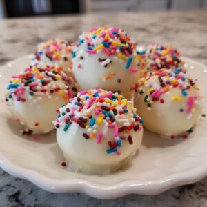 A plate of white chocolate coated sugar cookie truffles generously topped with colorful rainbow sprinkles.