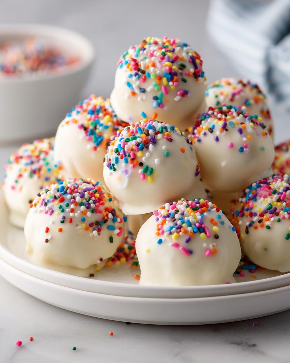 A pile of white chocolate coated sugar cookie truffles generously topped with colorful rainbow sprinkles.