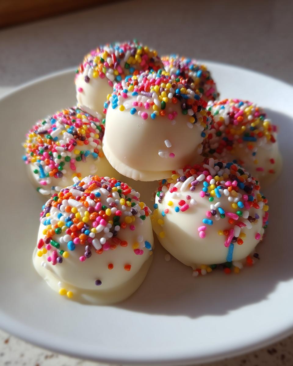 A plate of six white chocolate sugar cookie truffles generously topped with colorful rainbow sprinkles.
