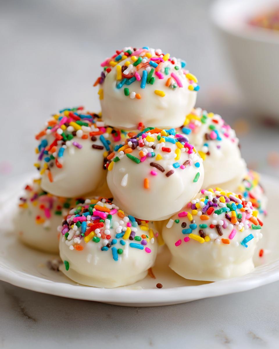 A stack of white chocolate coated sugar cookie truffles generously topped with colorful rainbow sprinkles.
