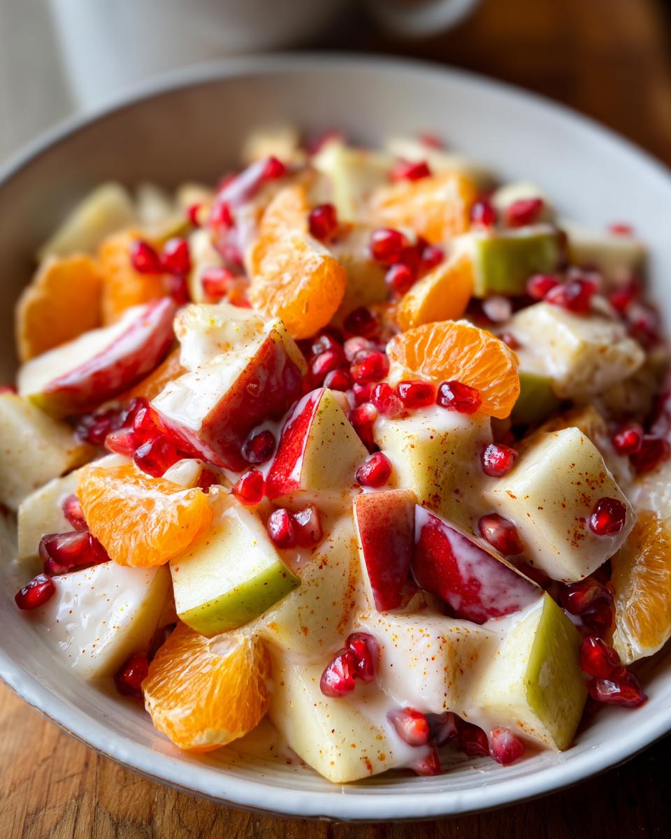 Close-up of a bowl filled with winter fruit salad featuring apple chunks, mandarin segments, and pomegranate seeds coated in a light dressing.