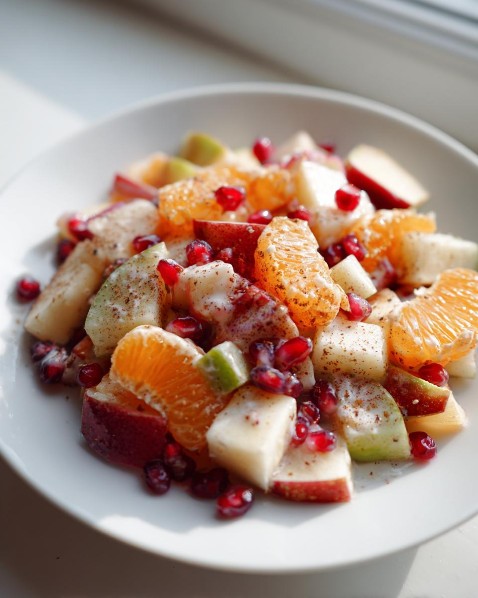 Close-up of a bright winter fruit salad featuring oranges, apples, and pomegranate seeds drizzled with dressing.