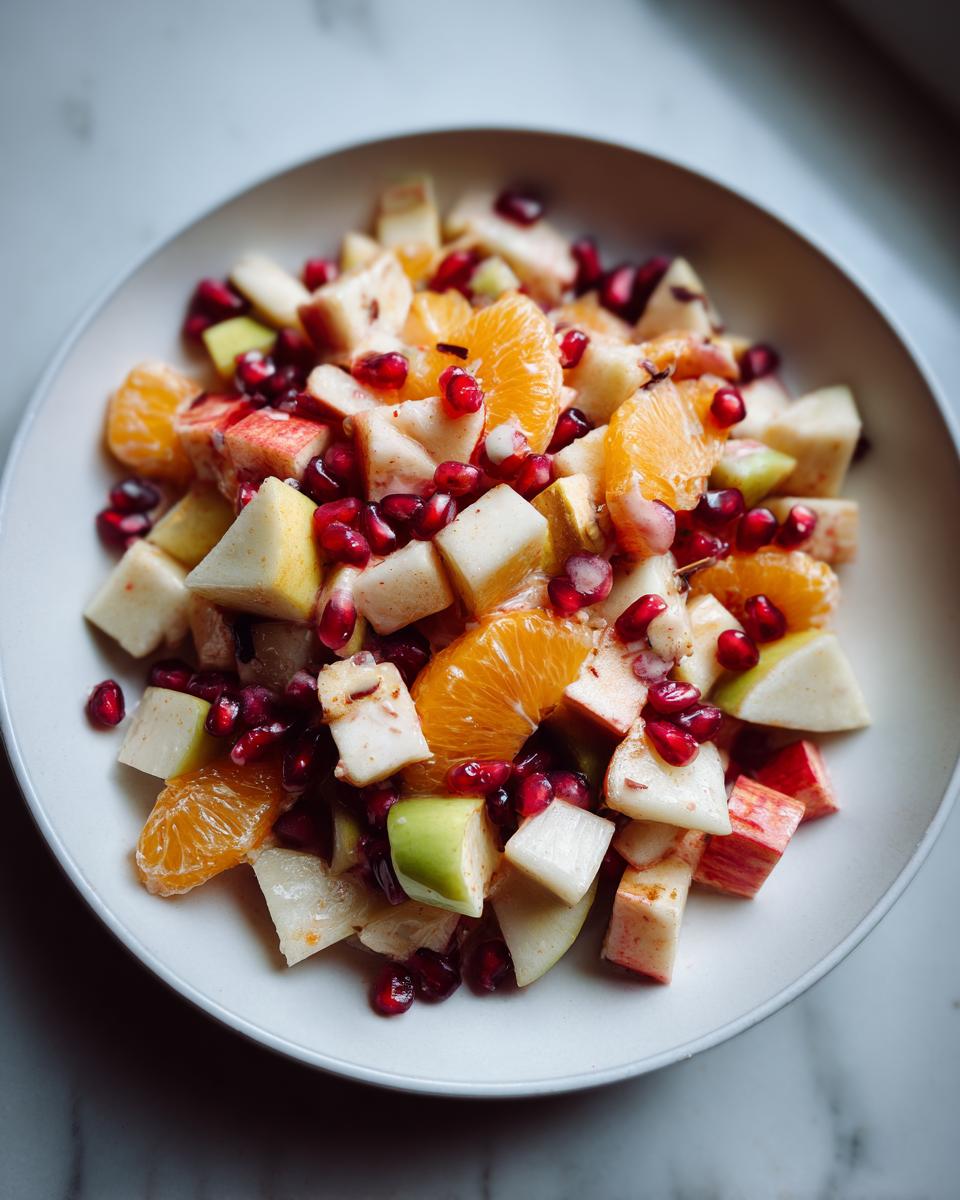 Close-up of a vibrant winter fruit salad featuring diced apples, orange segments, and bright red pomegranate seeds.