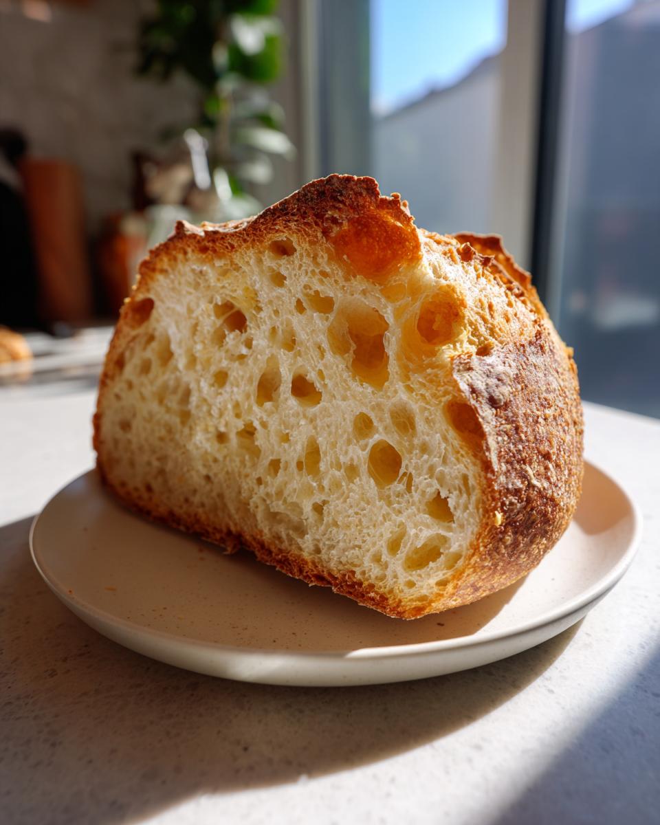 A thick slice of airy, golden-crusted cheese bread showing an open crumb structure, resting on a small plate.