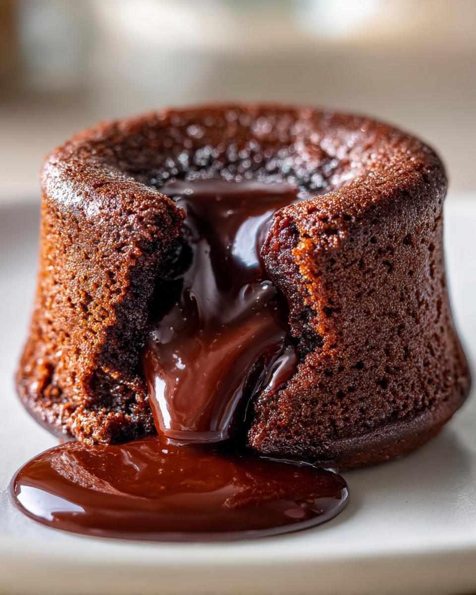 Close-up of a freshly baked lava cake with molten chocolate oozing out onto the plate.