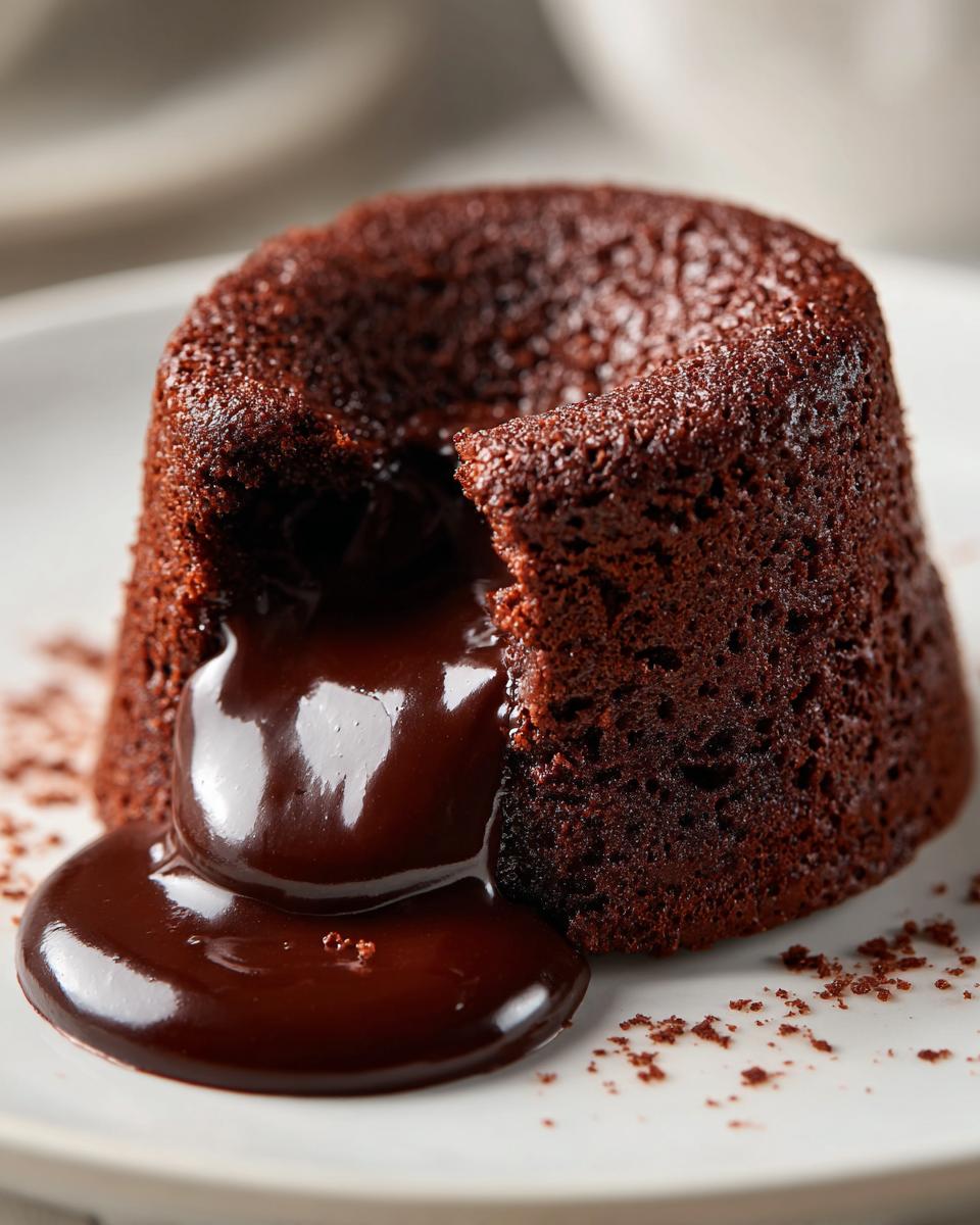 Close-up of a freshly baked chocolate lava cake with molten chocolate oozing out onto a white plate.