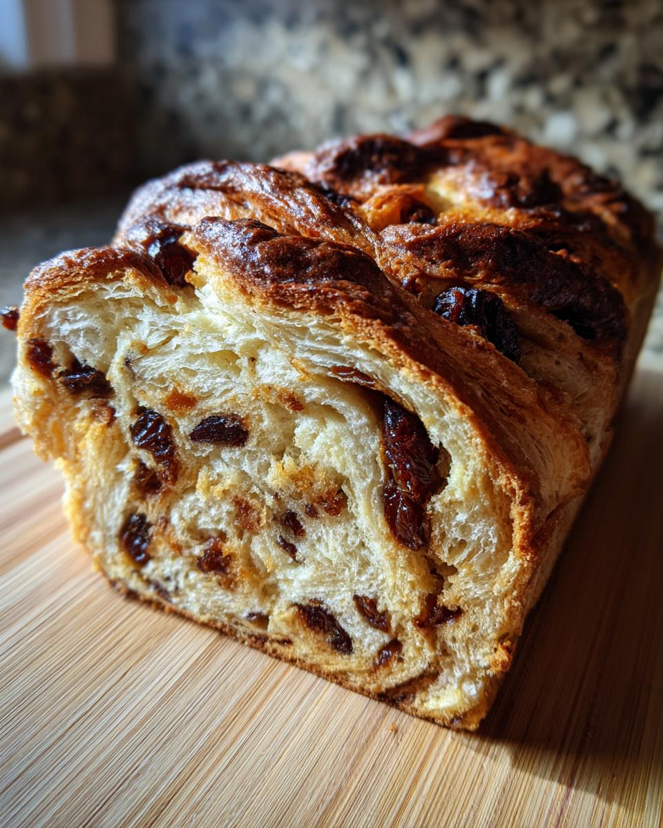 A close-up shot of a freshly baked loaf of raisin bread, showing the swirl texture and rich raisins inside.