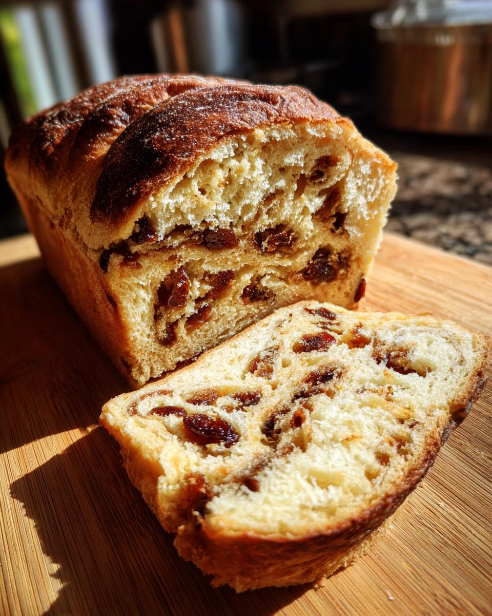 A loaf of homemade raisin bread with one thick slice cut and resting beside it on a wooden cutting board.