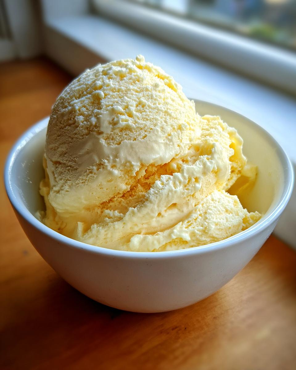 A close-up of two scoops of creamy, pale yellow banana ice cream served in a small white bowl.