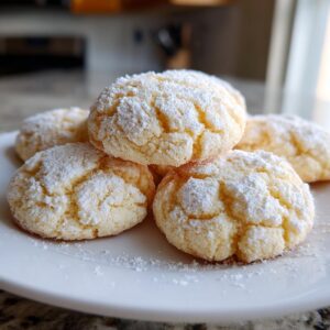A stack of soft, cracked 3-ingredient butter cookies heavily dusted with white powdered sugar on a white plate.