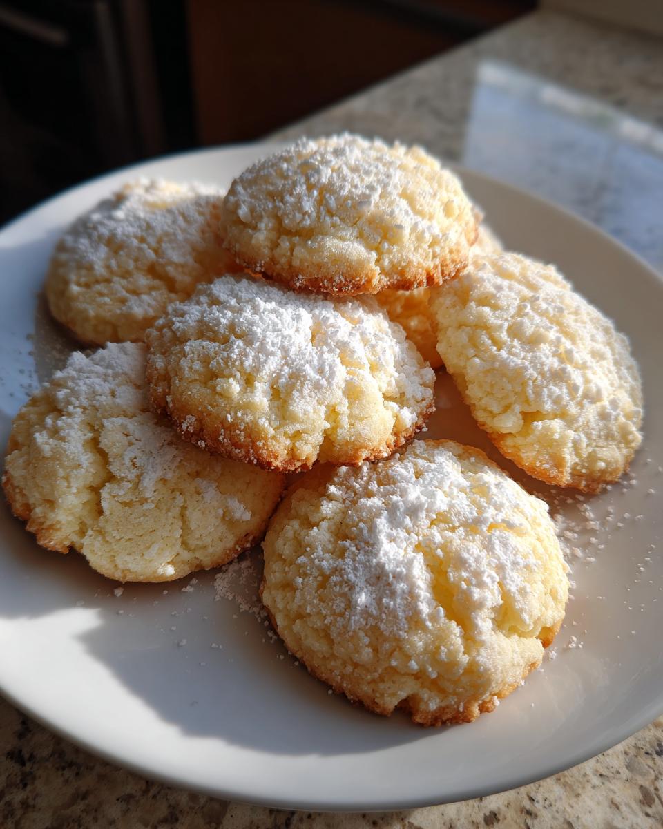 A stack of golden brown 3-ingredient butter cookies heavily dusted with white powdered sugar on a white plate.
