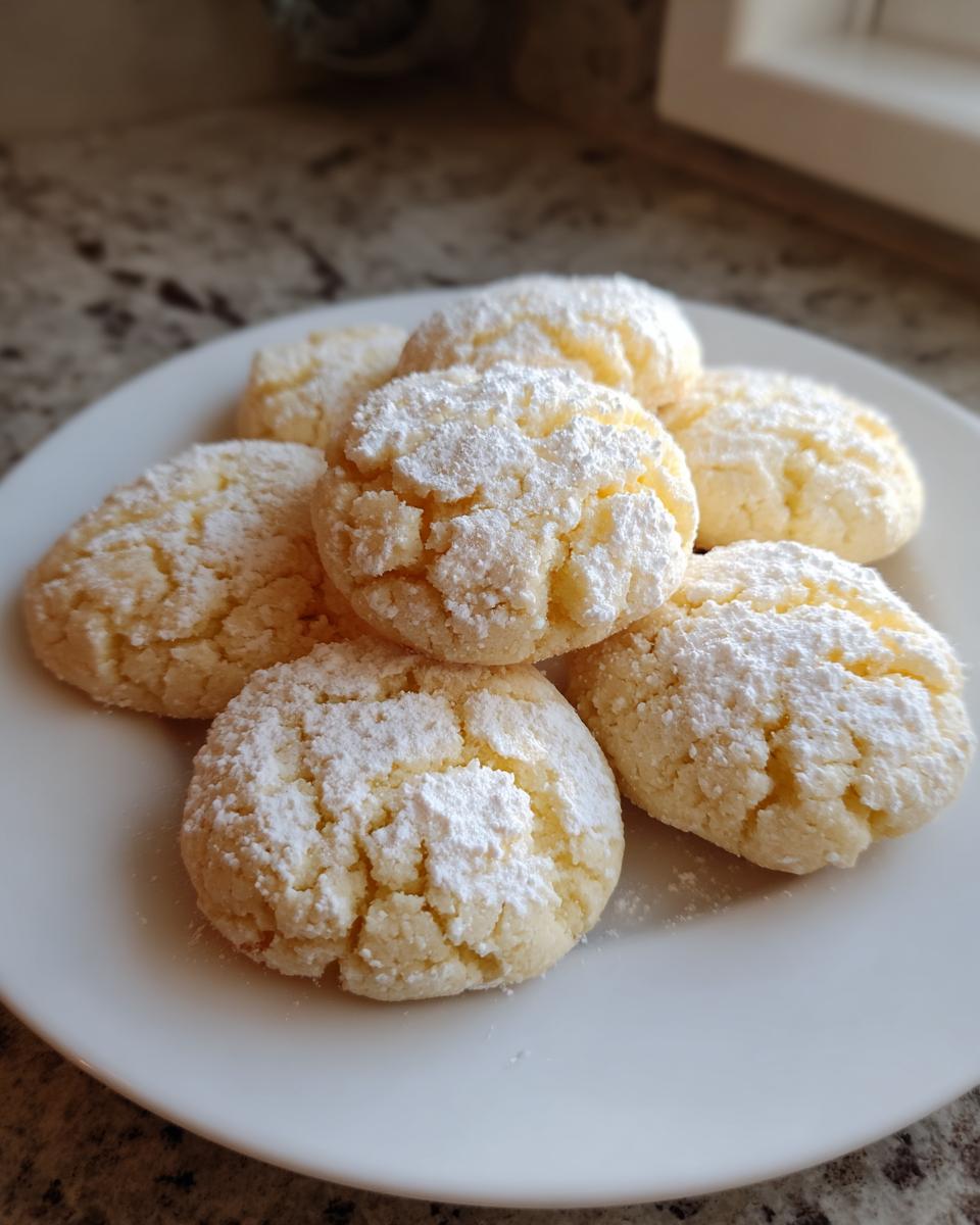 A plate holding several soft, crinkle-topped 3-ingredient butter cookies generously dusted with white powdered sugar.