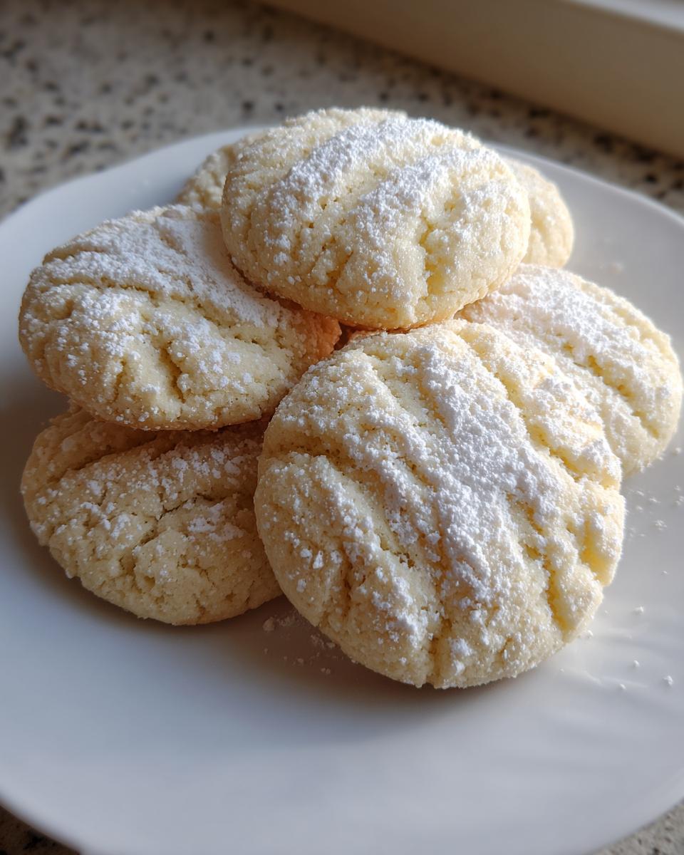 A stack of freshly baked 3-ingredient butter cookies, lightly pressed and dusted generously with powdered sugar, on a white plate.