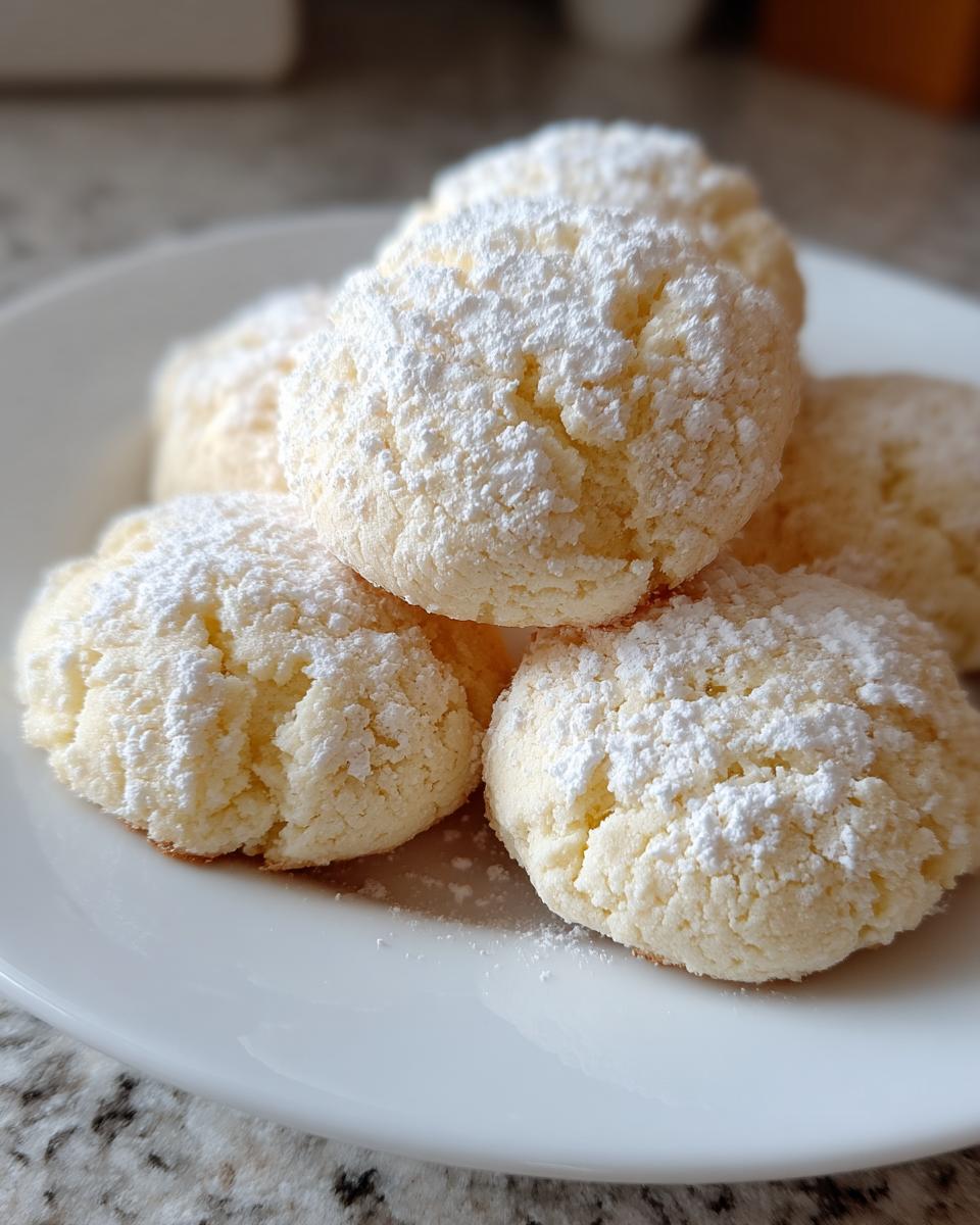 Close-up of several soft, pale 3-ingredient butter cookies heavily dusted with white powdered sugar on a white plate.
