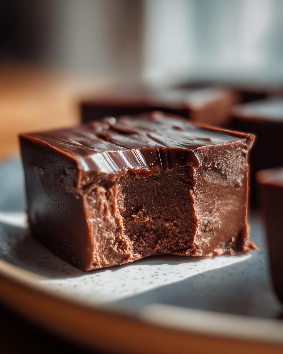 A close-up of a rich, dark chocolate 3 ingredient fudge square with a bite taken out, showing its smooth texture.