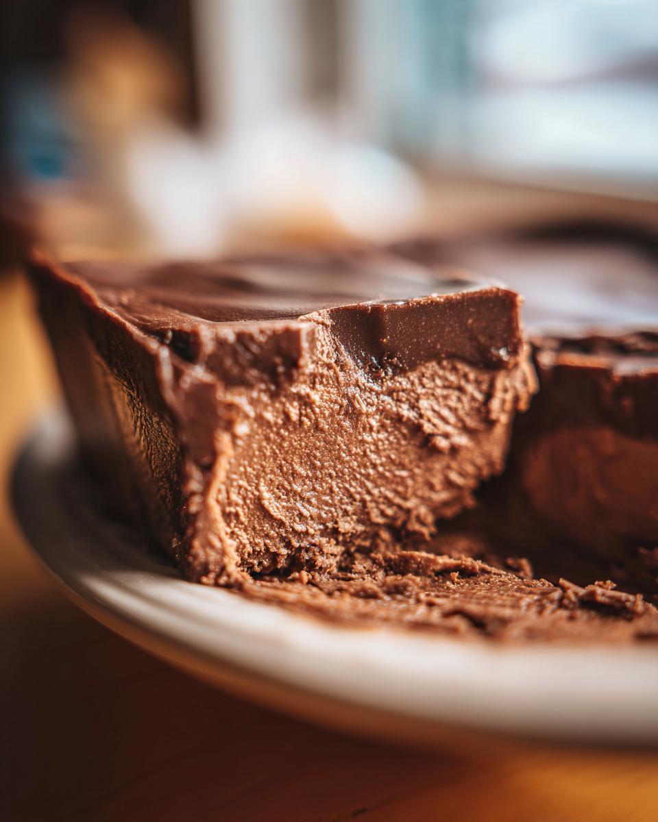 A close-up, macro shot showing the creamy, rich texture of a slice of chocolate fudge.