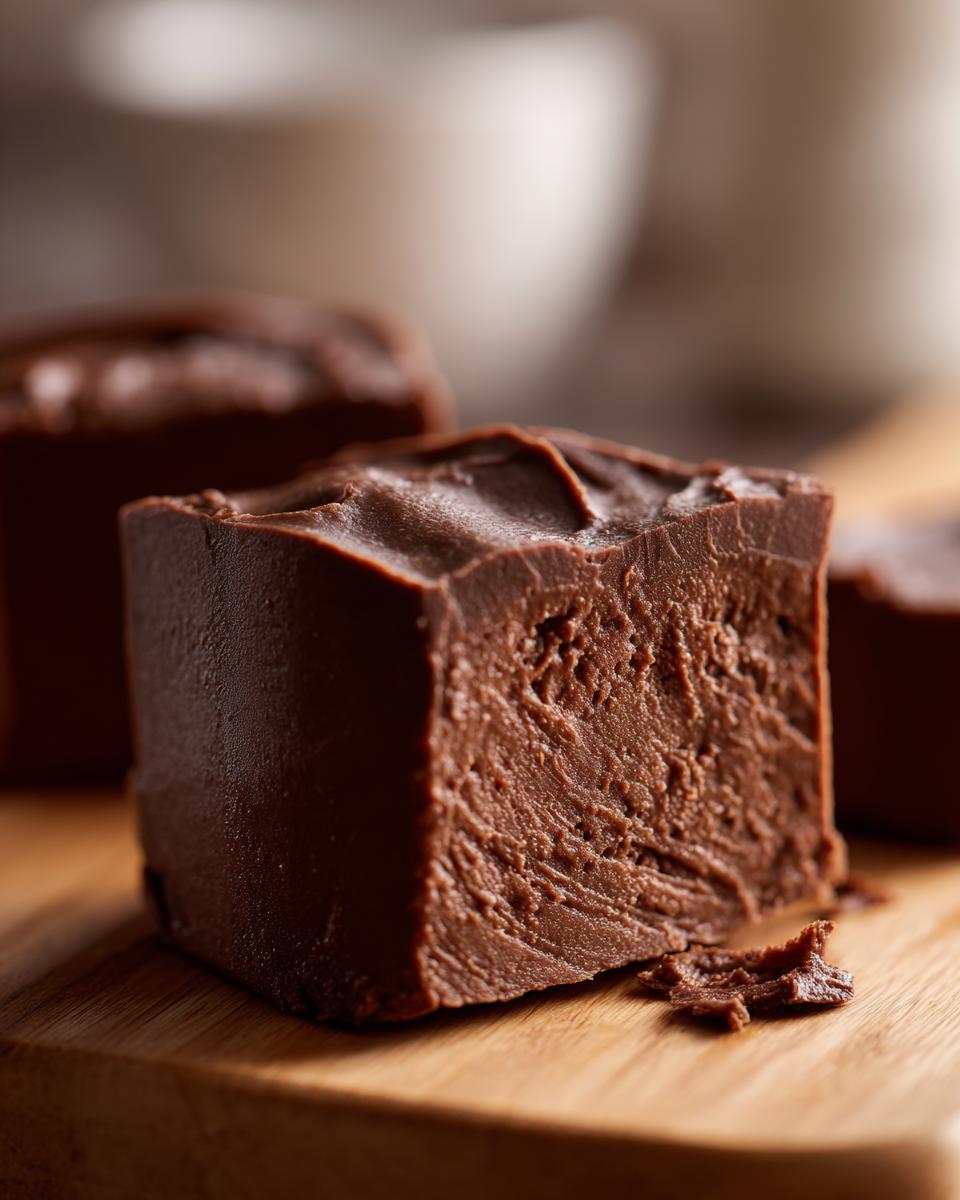 A close-up of a rich, dark chocolate square of 3 ingredient fudge showing its creamy, slightly textured interior.