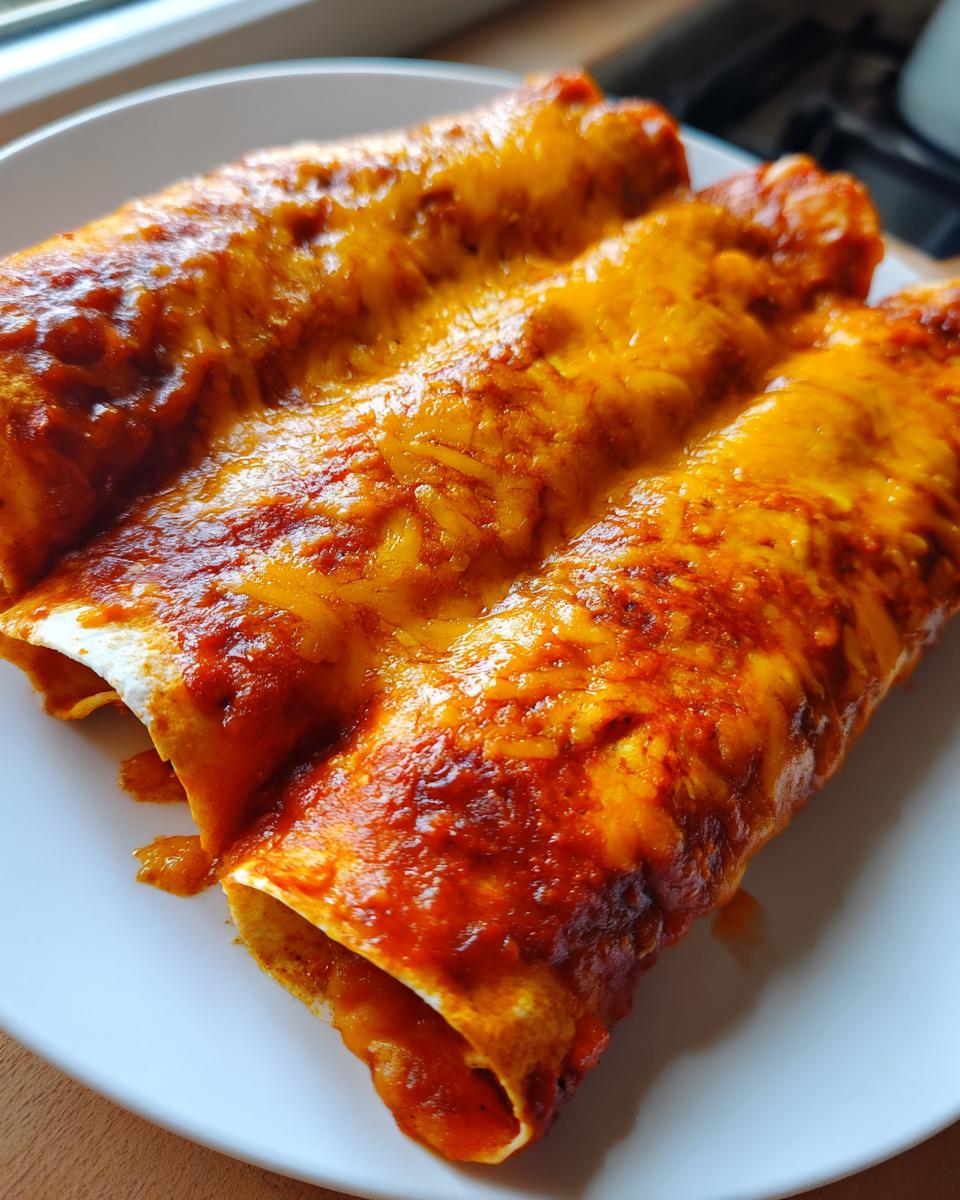 Three freshly baked cheese enchiladas covered in rich red sauce and melted orange cheddar cheese, served on a white plate.