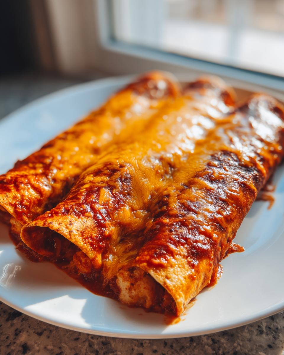 Three baked cheese enchiladas smothered in red sauce and melted cheddar cheese, served on a white plate.