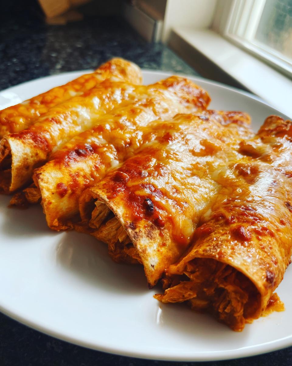 Close-up of three baked cheese enchiladas covered in melted, bubbling cheese and red sauce on a white plate.