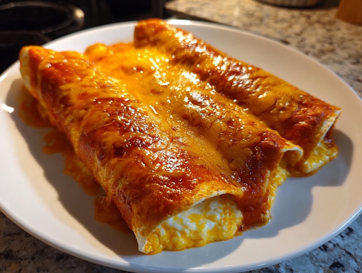 Two freshly baked cheese enchiladas covered in melted, bubbly orange cheese sauce on a white plate.