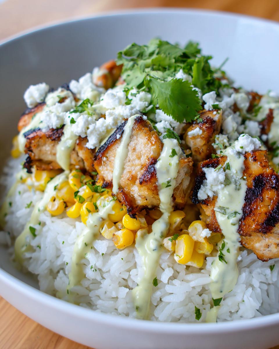 Close-up of a delicious chicken rice bowl featuring grilled chicken, white rice, corn, crumbled white cheese, and a creamy green sauce.