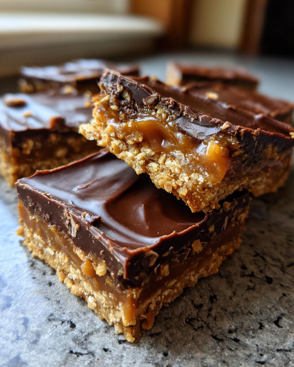 Close-up of layered graham cracker toffee bars showing the crunchy base, gooey caramel center, and rich chocolate topping.