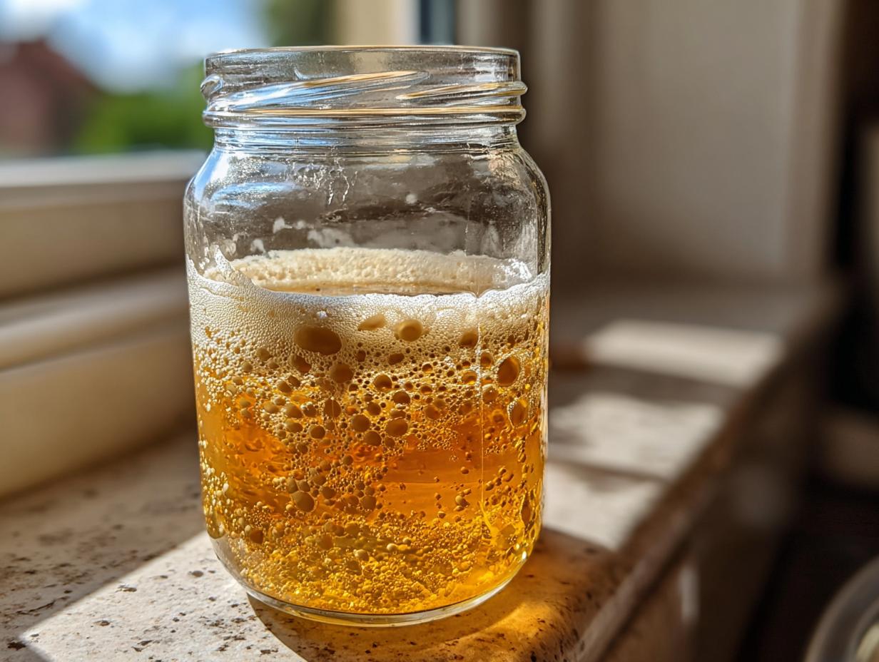 A glass jar containing an active, bubbly sourdough starter showing separation and foam on top, sitting on a sunlit counter.
