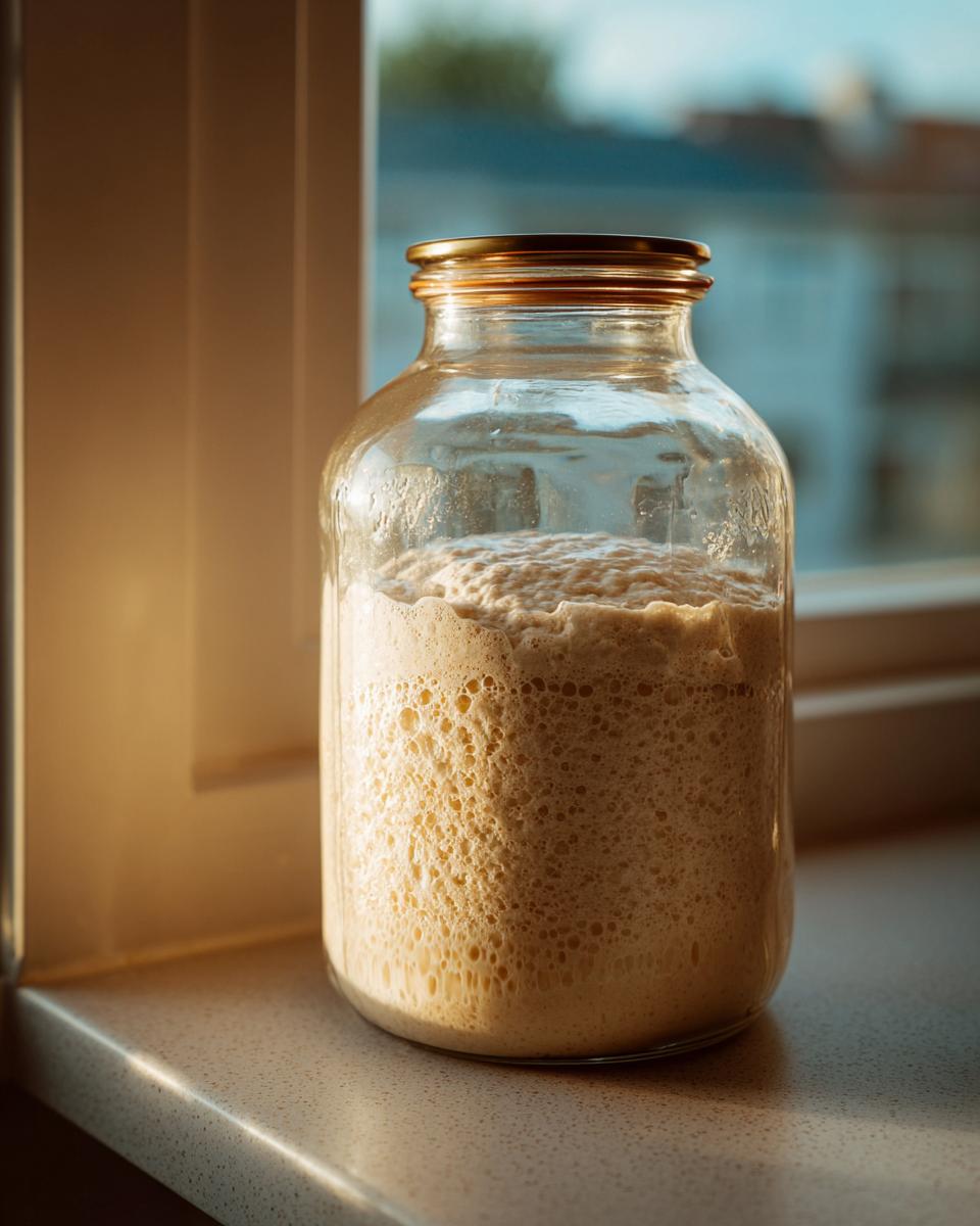 A highly active sourdough starter, full of bubbles, fermenting inside a clear glass jar near a window.