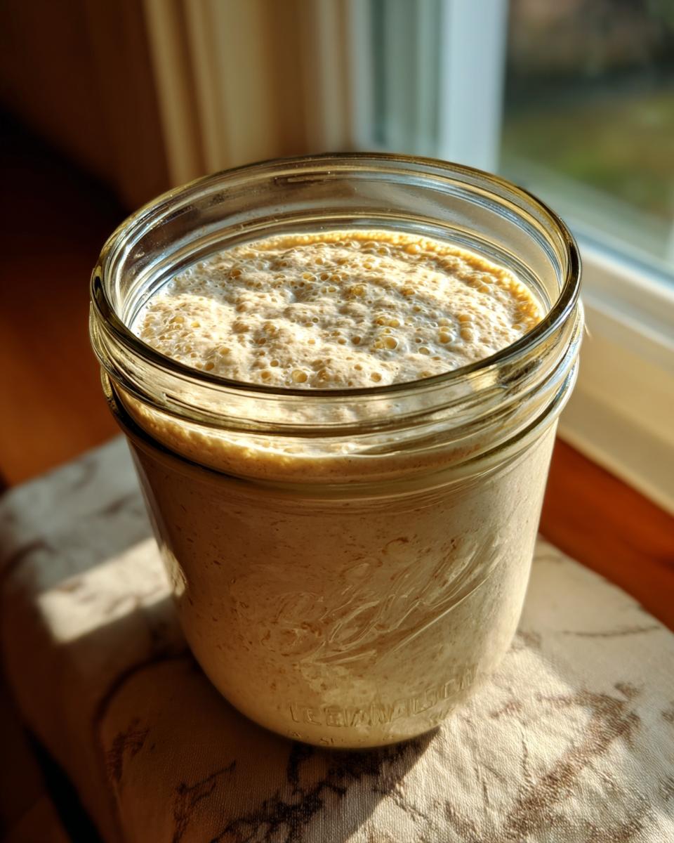 A bubbly, active sourdough starter overflowing slightly in a clear glass mason jar, illuminated by sunlight.