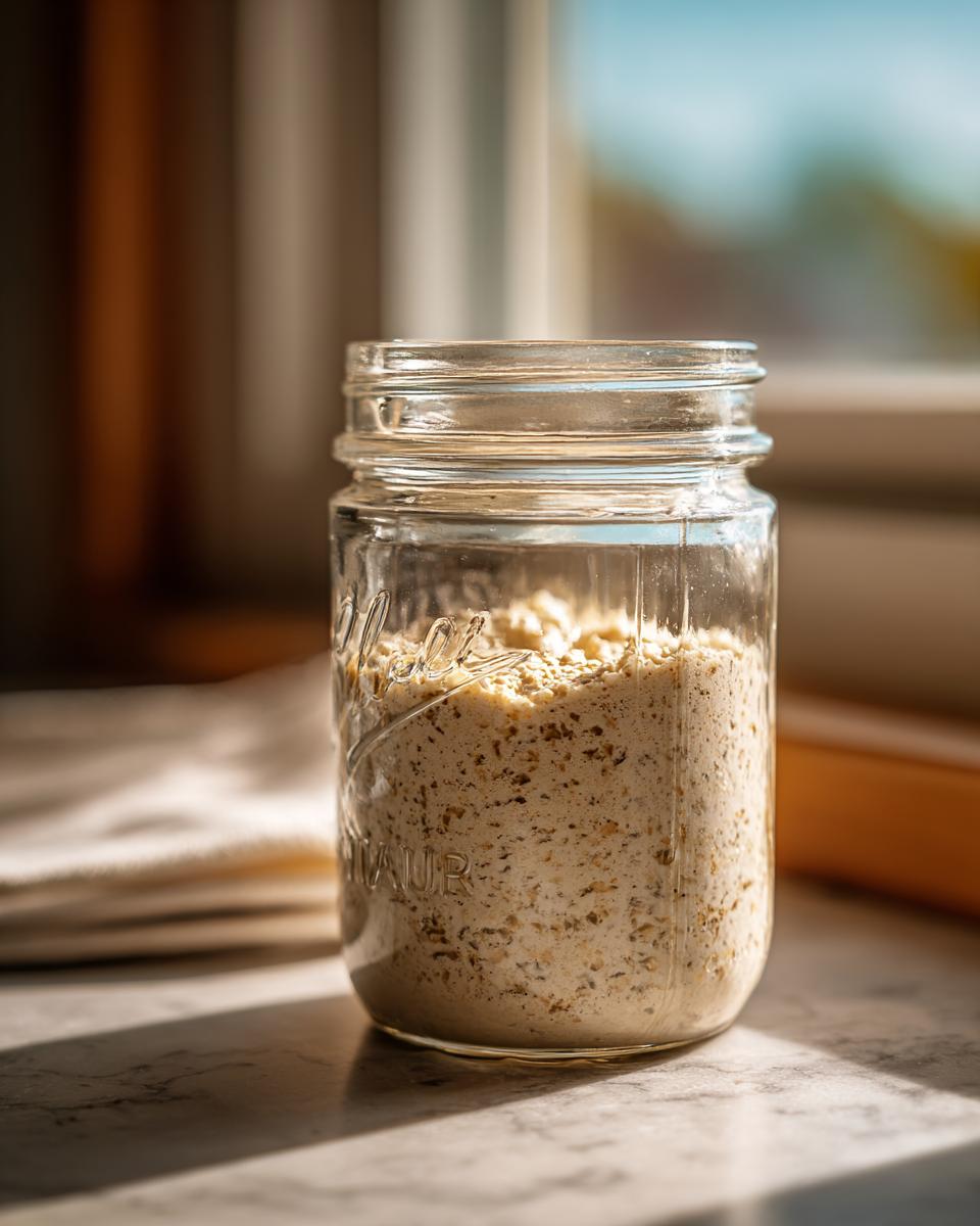 A close-up of an active sourdough starter mixture inside a clear glass mason jar, sitting on a counter.