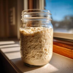 A highly active sourdough starter, visibly bubbly and risen, stored in a clear glass mason jar on a sunny windowsill.