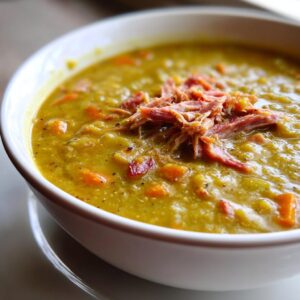 Close-up of a thick, green pea soup topped with shredded ham and visible chunks of carrots.