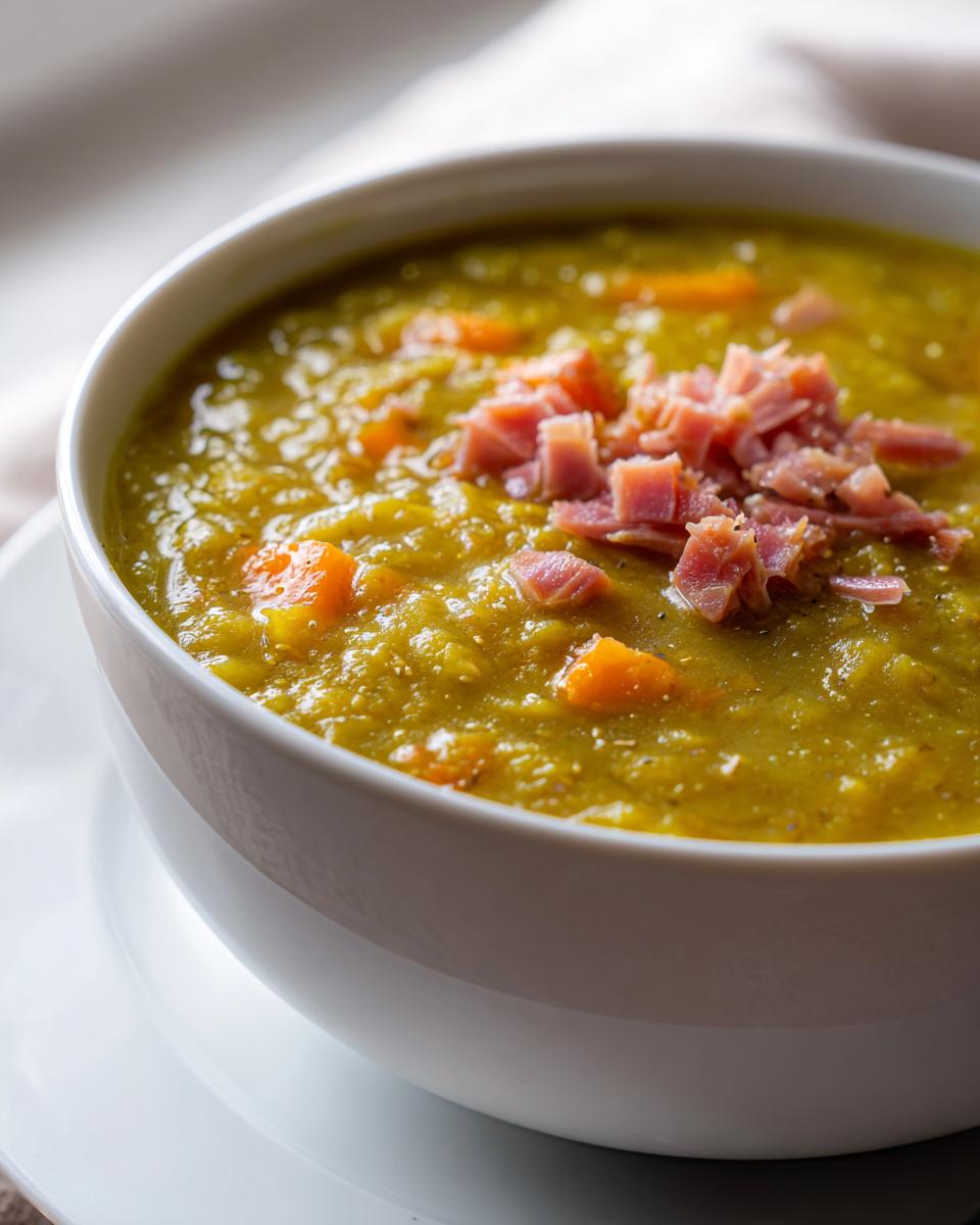 Close-up of a thick, green pea soup topped with diced ham and carrots in a white bowl.